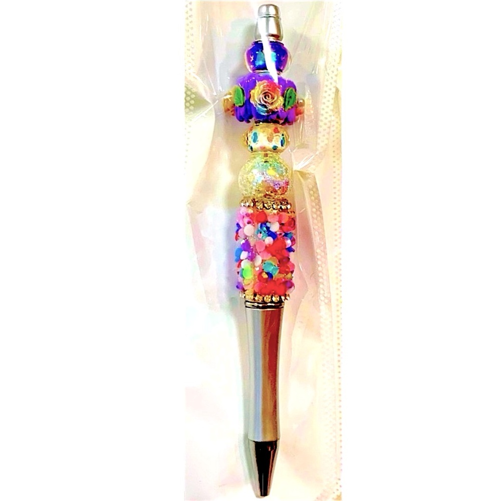 Beaded Pen Colorful Floral Themed with Purple, Pink, Red, & Silver Accents - Picture 3 of 4